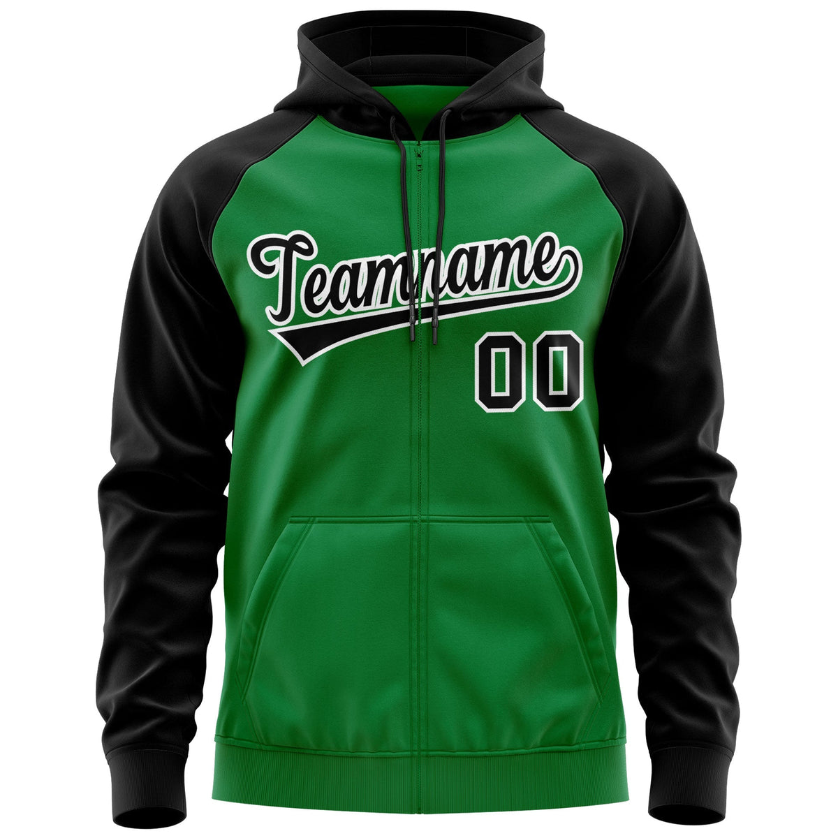 Custom Stitched Kelly Green Black-White Raglan Sleeves Sports Full-Zip Sweatshirt Hoodie| KXKSHOP