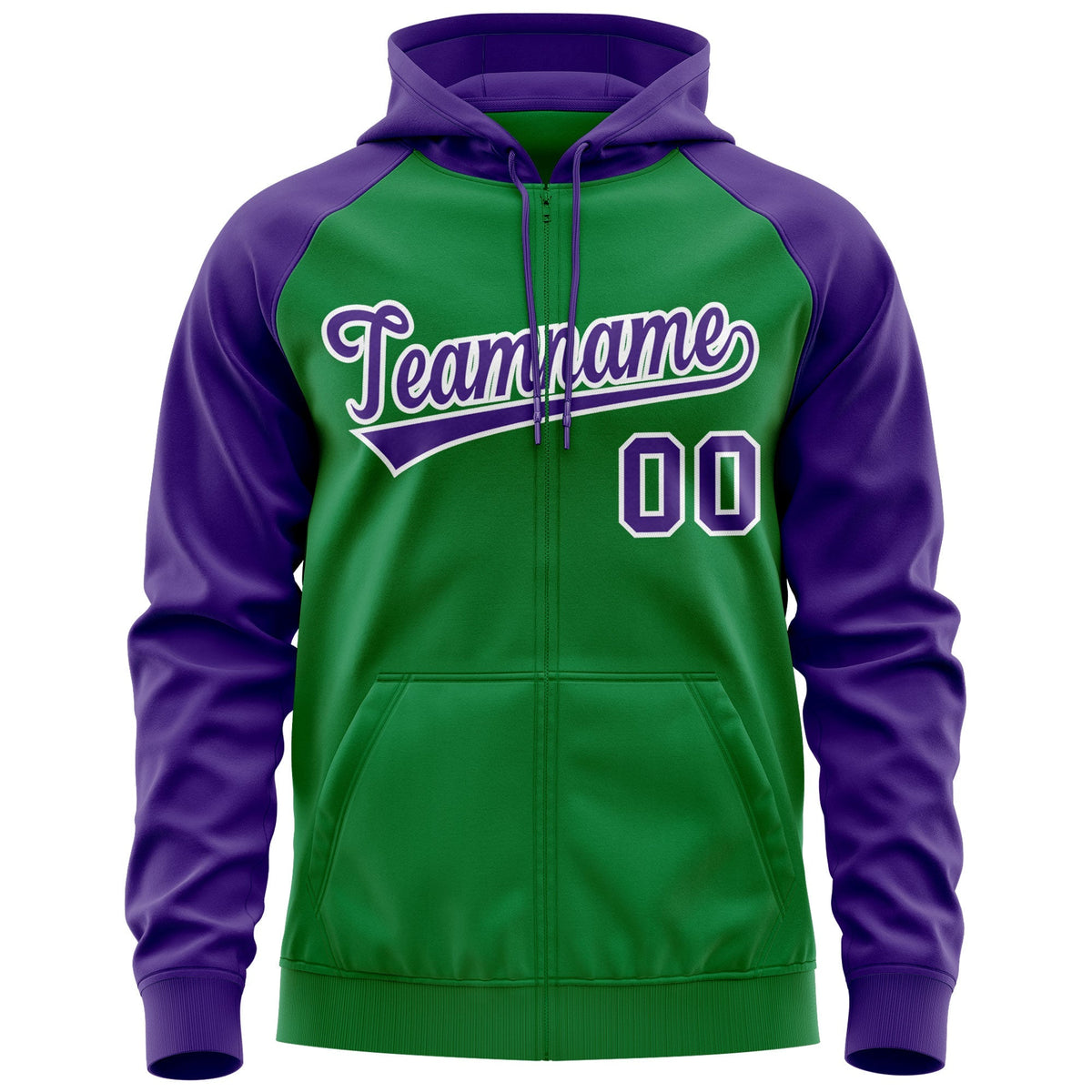 Custom Stitched Kelly Green Purple-White Raglan Sleeves Sports Full-Zip Sweatshirt Hoodie| KXKSHOP
