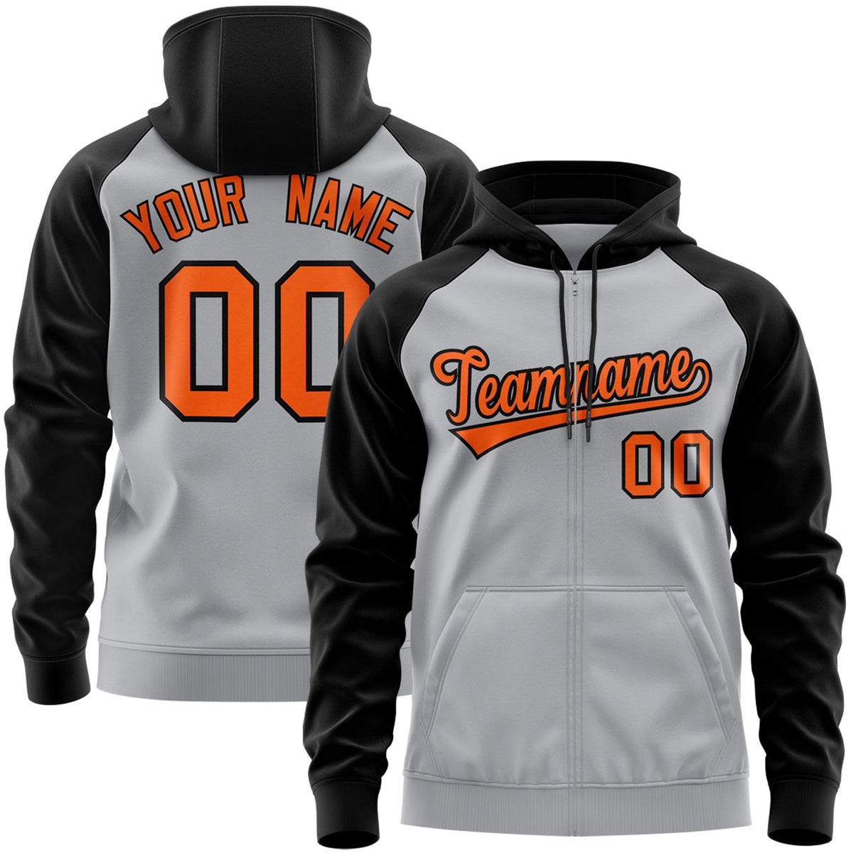 Custom Stitched Gray Orange-Black Raglan Sleeves Sports Full-Zip Sweatshirt Hoodie| KXKSHOP