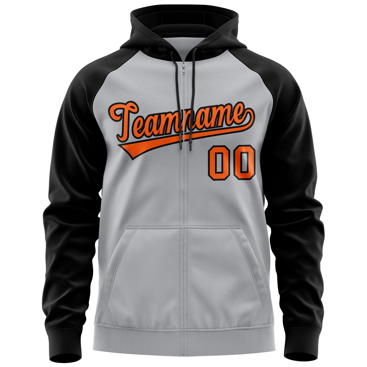Custom Stitched Gray Orange-Black Raglan Sleeves Sports Full-Zip Sweatshirt Hoodie| KXKSHOP