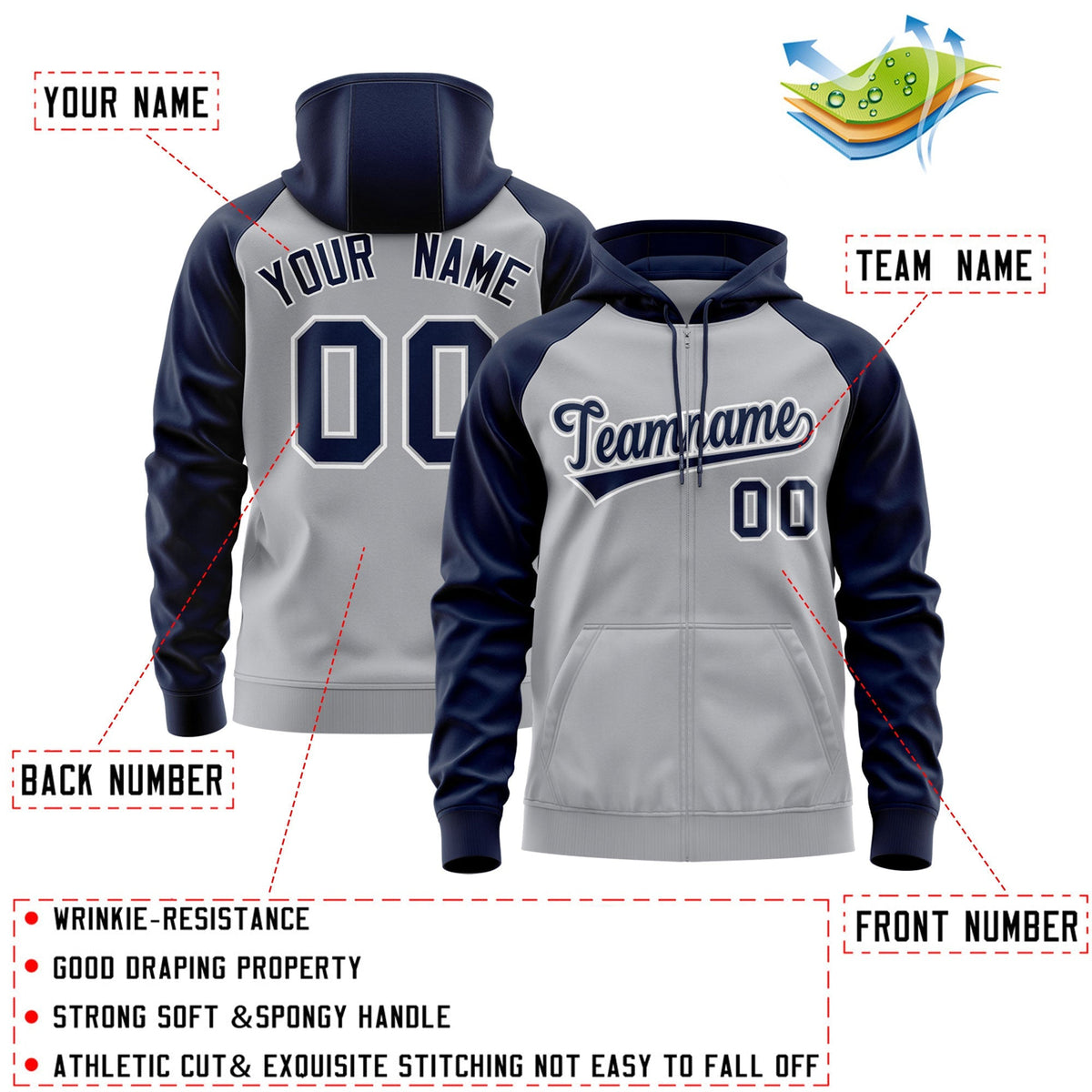 Custom Stitched Gray Navy-White Raglan Sleeves Sports Full-Zip Sweatshirt Hoodie| KXKSHOP
