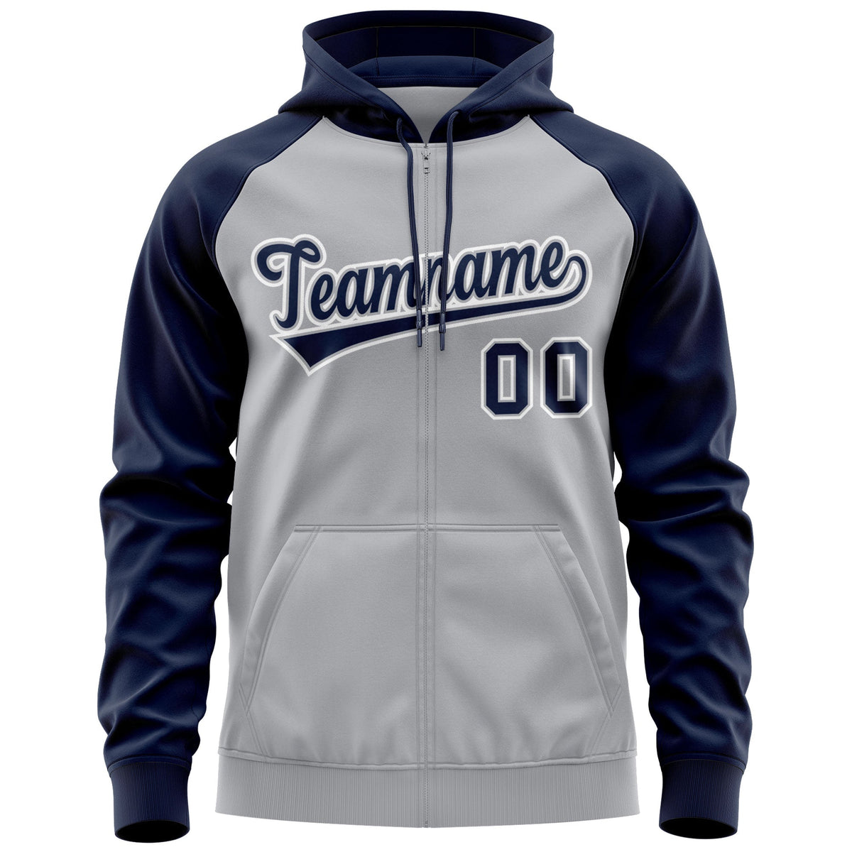Custom Stitched Gray Navy-White Raglan Sleeves Sports Full-Zip Sweatshirt Hoodie| KXKSHOP