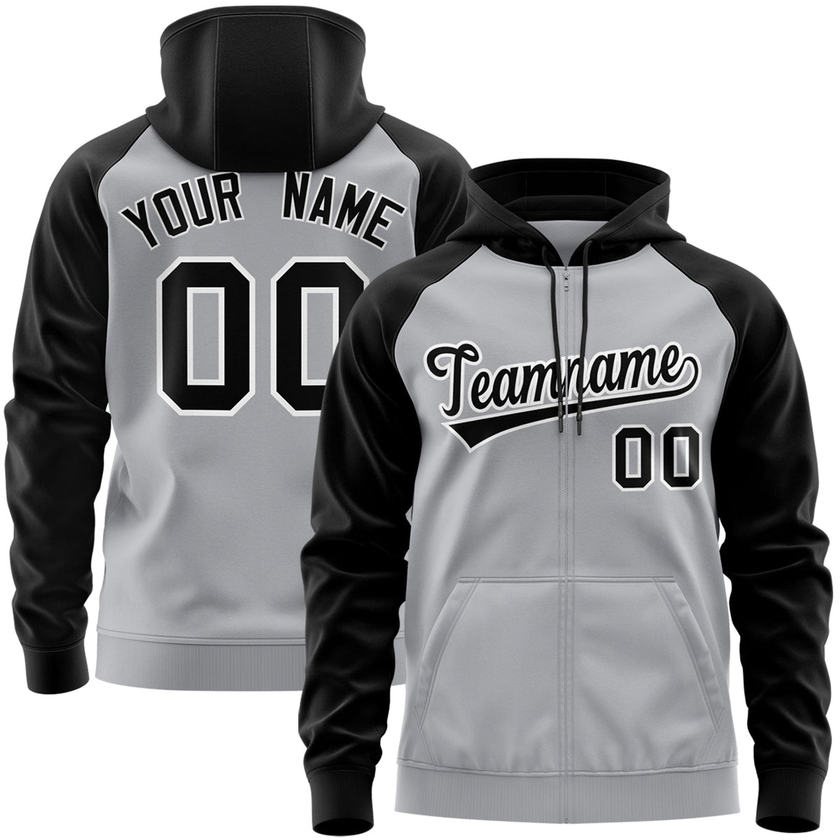 Custom Stitched Gray Black-White Raglan Sleeves Sports Full-Zip Sweatshirt Hoodie| KXKSHOP