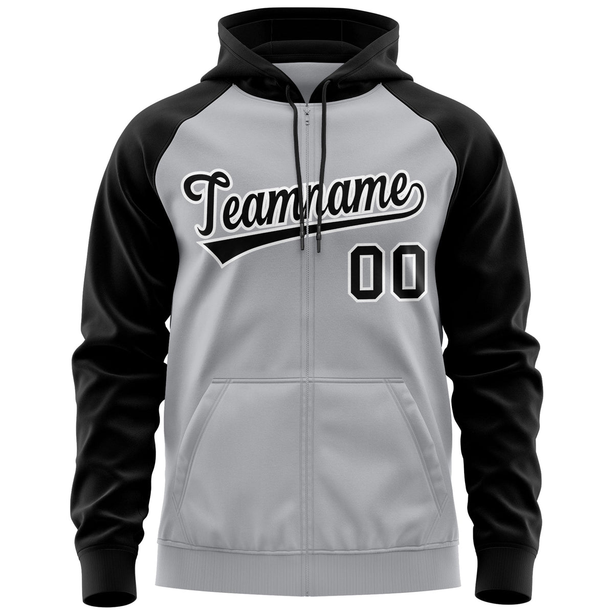 Custom Stitched Gray Black-White Raglan Sleeves Sports Full-Zip Sweatshirt Hoodie| KXKSHOP