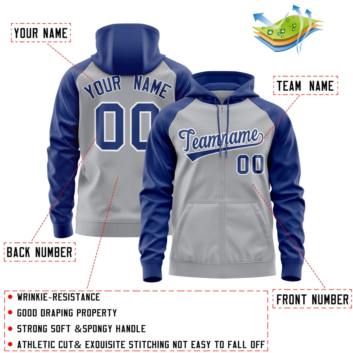 Custom Stitched Gray Royal-White Raglan Sleeves Sports Full-Zip Sweatshirt Hoodie| KXKSHOP