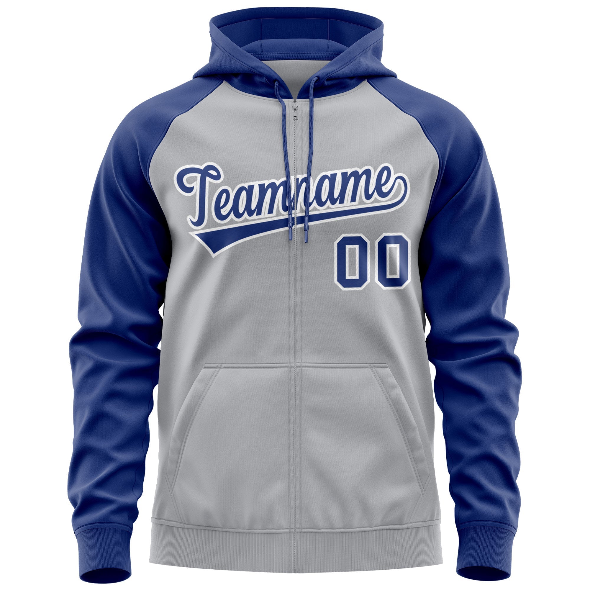 Custom Stitched Gray Royal-White Raglan Sleeves Sports Full-Zip Sweatshirt Hoodie| KXKSHOP