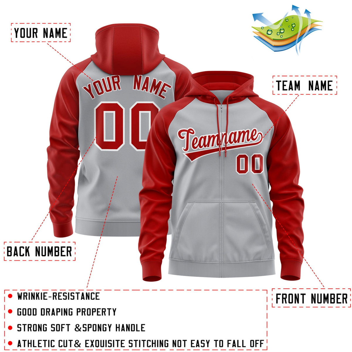 Custom Stitched Gray Red-White Raglan Sleeves Sports Full-Zip Sweatshirt Hoodie| KXKSHOP