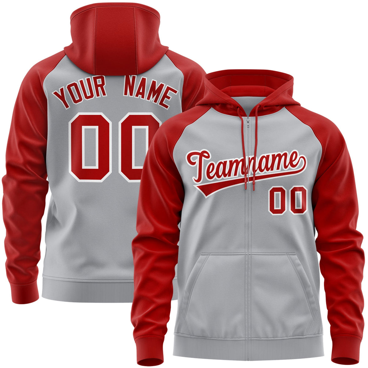 Custom Stitched Gray Red-White Raglan Sleeves Sports Full-Zip Sweatshirt Hoodie| KXKSHOP