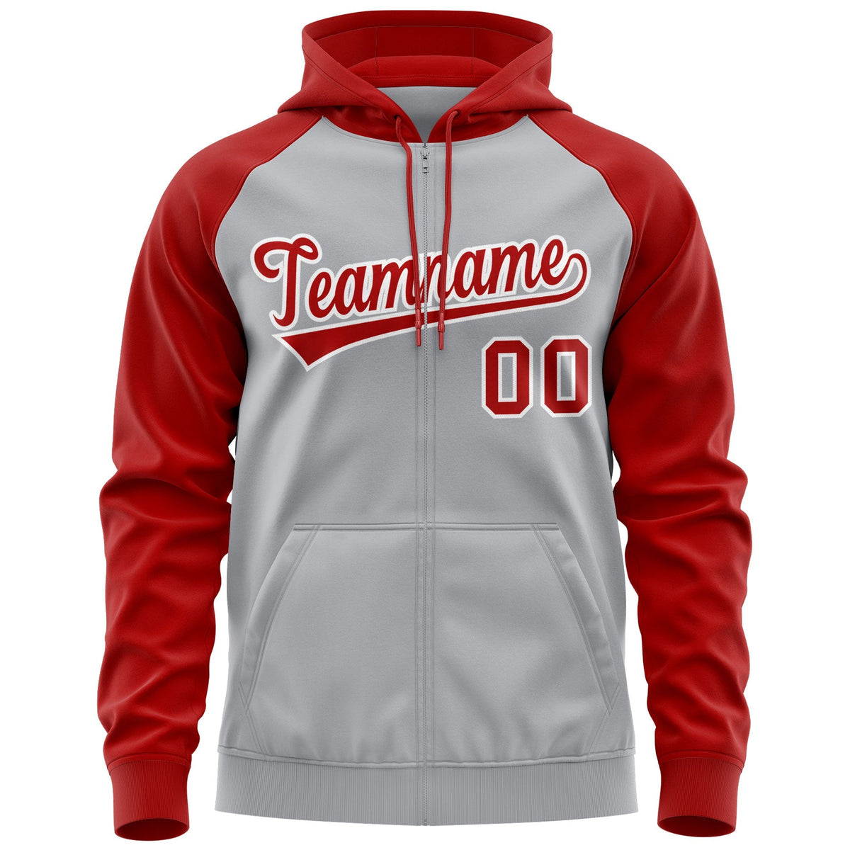 Custom Stitched Gray Red-White Raglan Sleeves Sports Full-Zip Sweatshirt Hoodie| KXKSHOP
