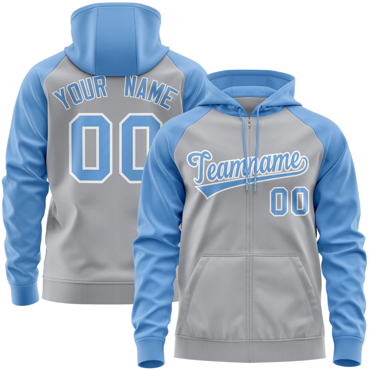 Custom Stitched Gray Powder Blue-White Raglan Sleeves Sports Full-Zip Sweatshirt Hoodie| KXKSHOP