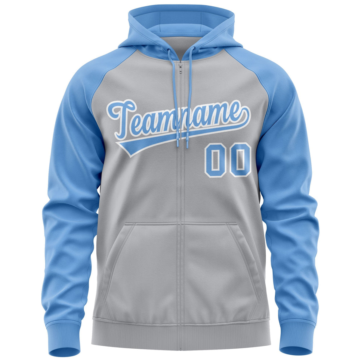 Custom Stitched Gray Powder Blue-White Raglan Sleeves Sports Full-Zip Sweatshirt Hoodie| KXKSHOP