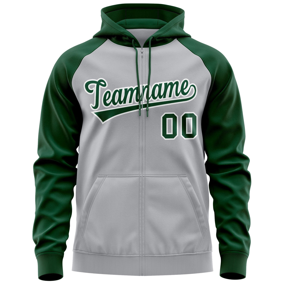Custom Stitched Gray Green-White Raglan Sleeves Sports Full-Zip Sweatshirt Hoodie| KXKSHOP