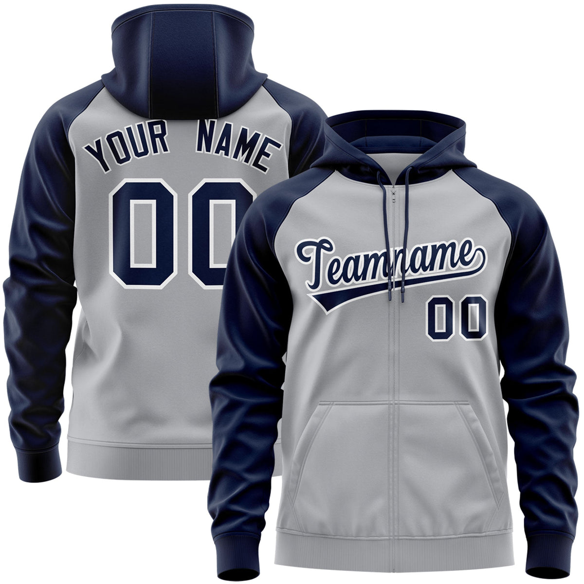 Custom Stitched Gray Navy-White Raglan Sleeves Sports Full-Zip Sweatshirt Hoodie| KXKSHOP