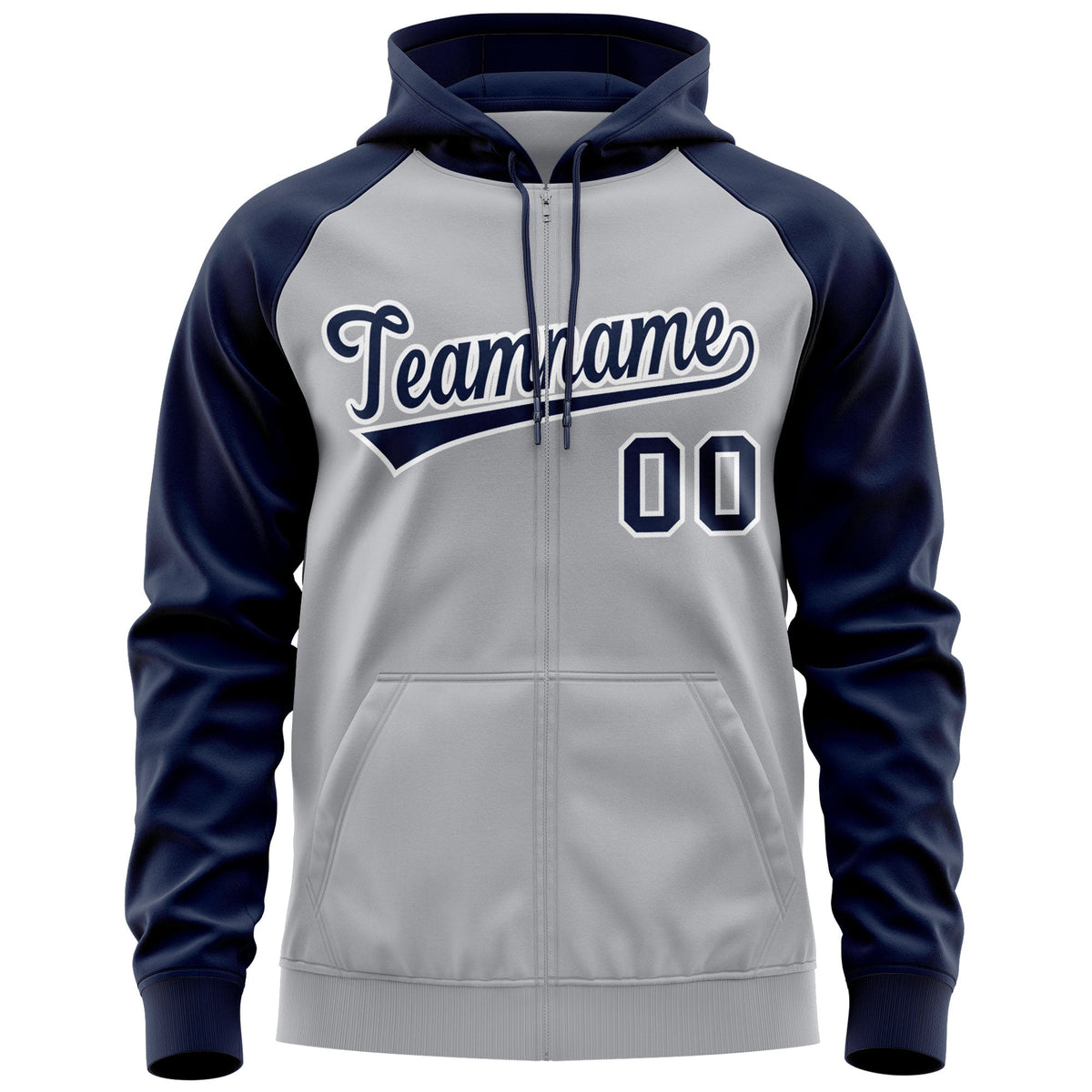 Custom Stitched Gray Navy-White Raglan Sleeves Sports Full-Zip Sweatshirt Hoodie| KXKSHOP