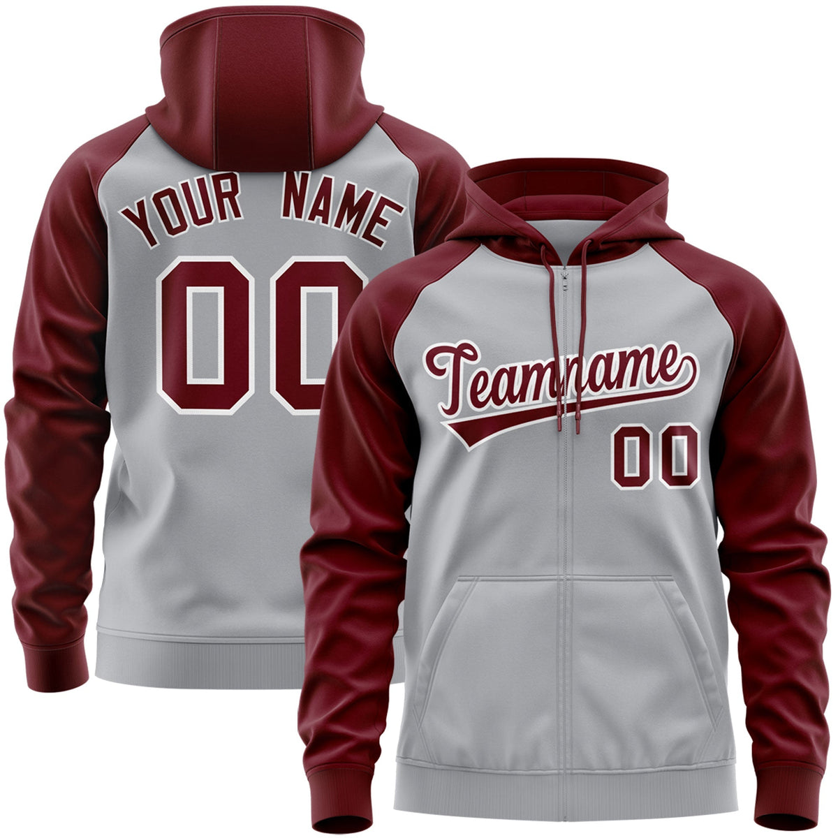Custom Stitched Gray Crimson-White Raglan Sleeves Sports Full-Zip Sweatshirt Hoodie| KXKSHOP