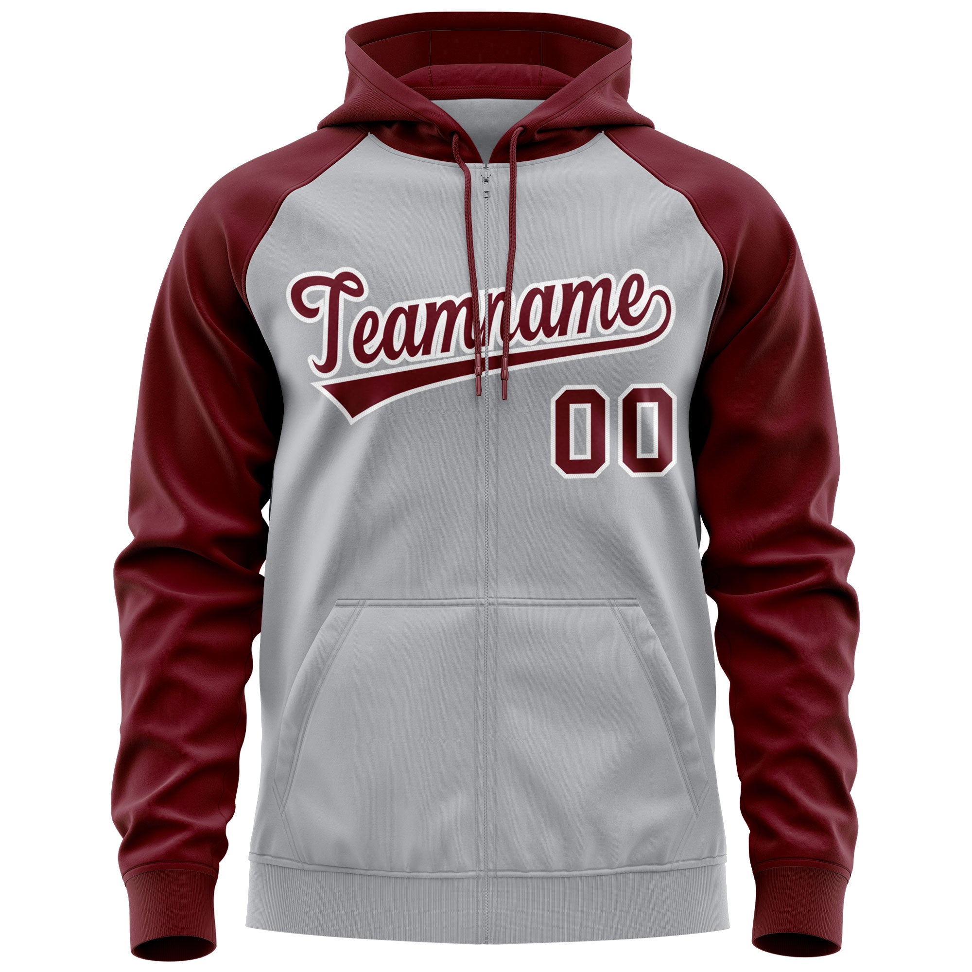 Custom Stitched Gray Crimson-White Raglan Sleeves Sports Full-Zip Sweatshirt Hoodie| KXKSHOP
