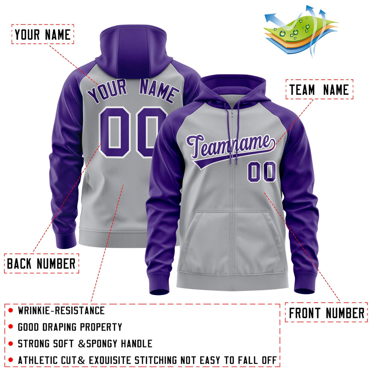 Custom Stitched Gray Purple-White Raglan Sleeves Sports Full-Zip Sweatshirt Hoodie| KXKSHOP