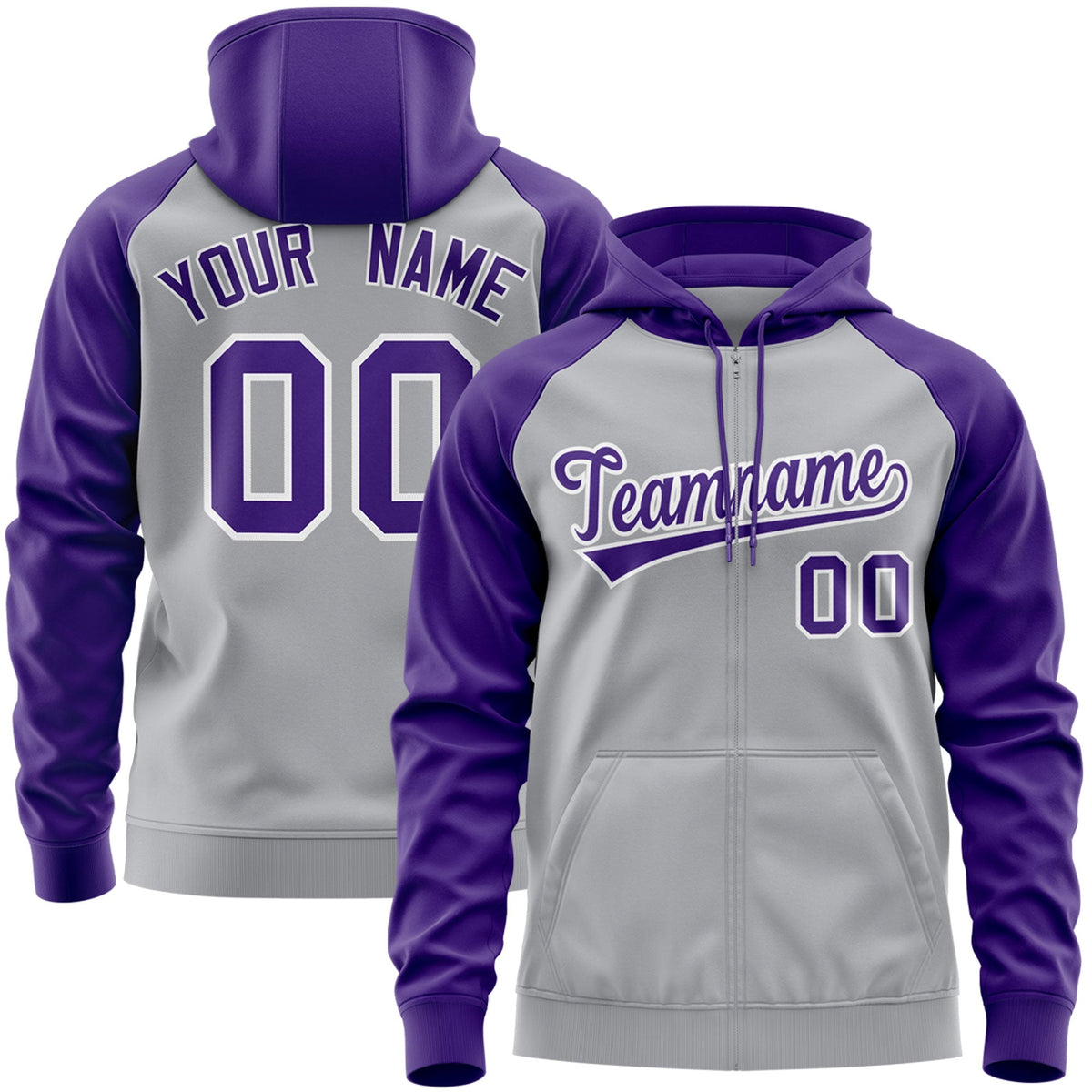Custom Stitched Gray Purple-White Raglan Sleeves Sports Full-Zip Sweatshirt Hoodie| KXKSHOP