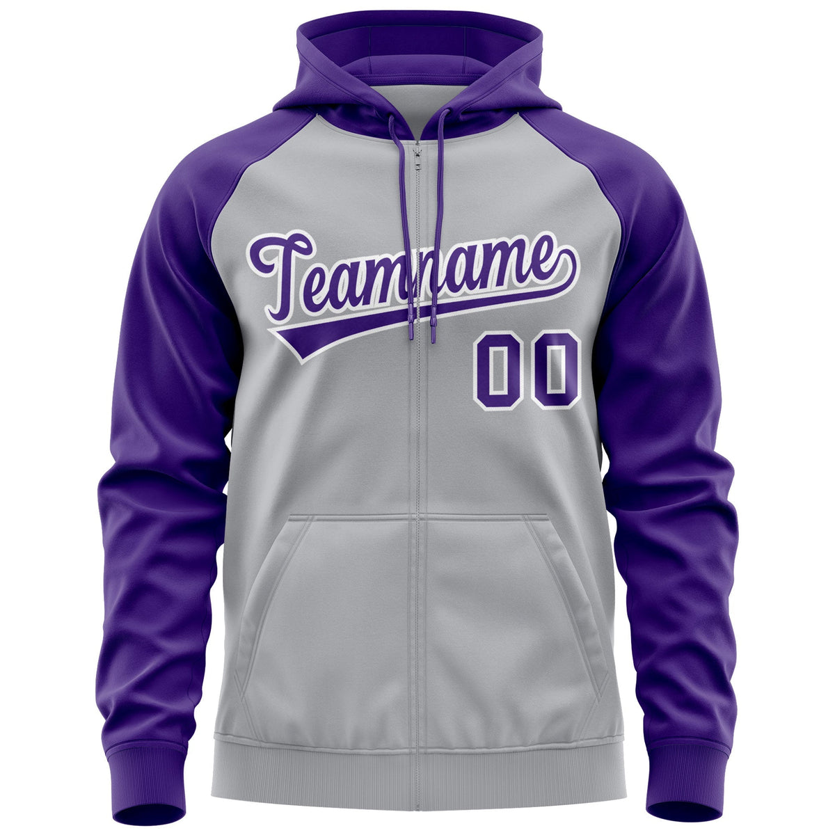 Custom Stitched Gray Purple-White Raglan Sleeves Sports Full-Zip Sweatshirt Hoodie| KXKSHOP