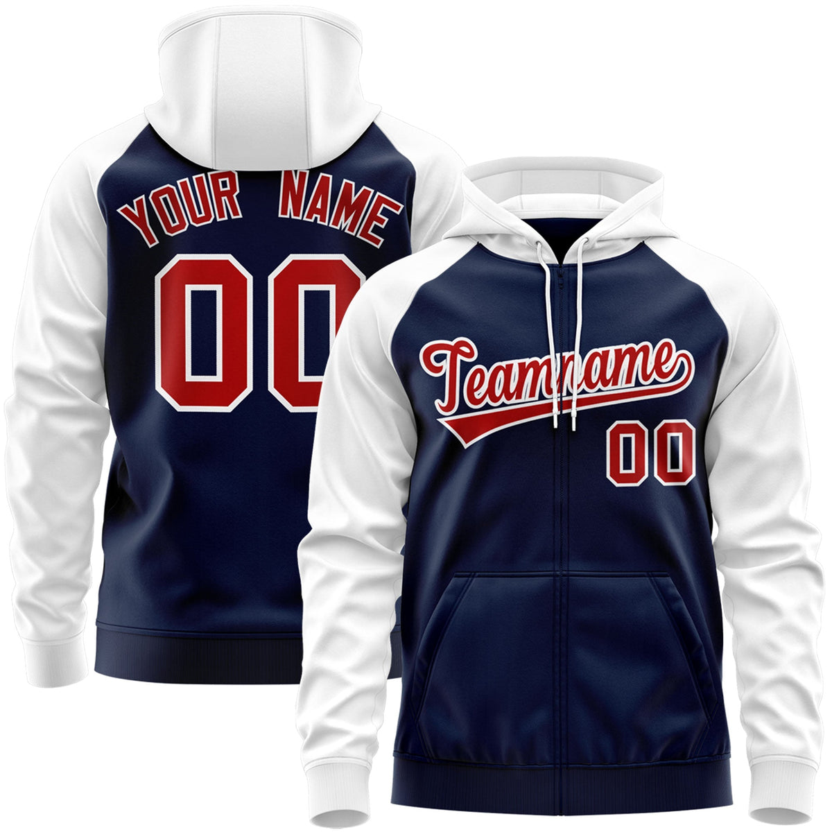 Custom Stitched Navy Red-White Raglan Sleeves Sports Full-Zip Sweatshirt Hoodie| KXKSHOP