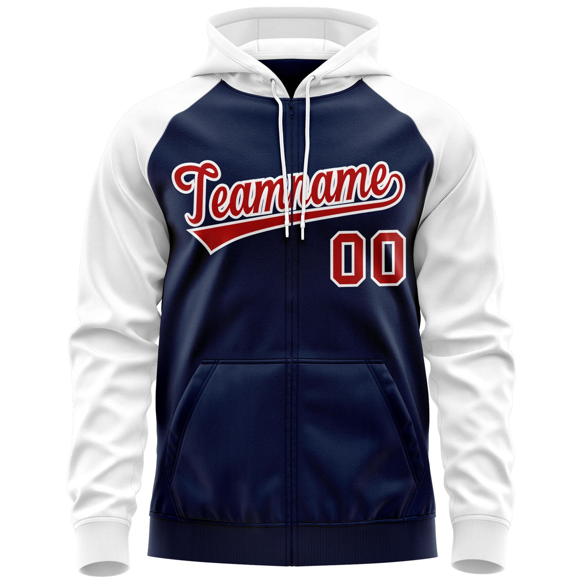 Custom Stitched Navy Red-White Raglan Sleeves Sports Full-Zip Sweatshirt Hoodie| KXKSHOP