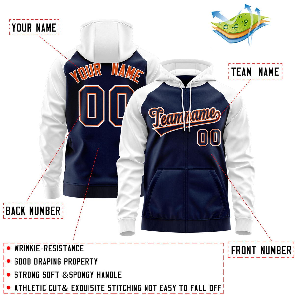 Custom Stitched Navy Orange-White Raglan Sleeves Sports Full-Zip Sweatshirt Hoodie| KXKSHOP