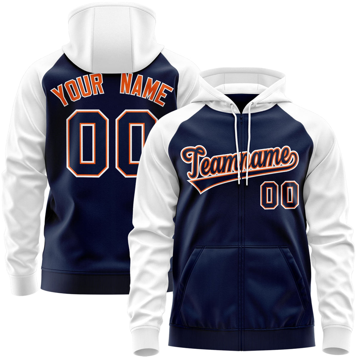 Custom Stitched Navy Orange-White Raglan Sleeves Sports Full-Zip Sweatshirt Hoodie| KXKSHOP