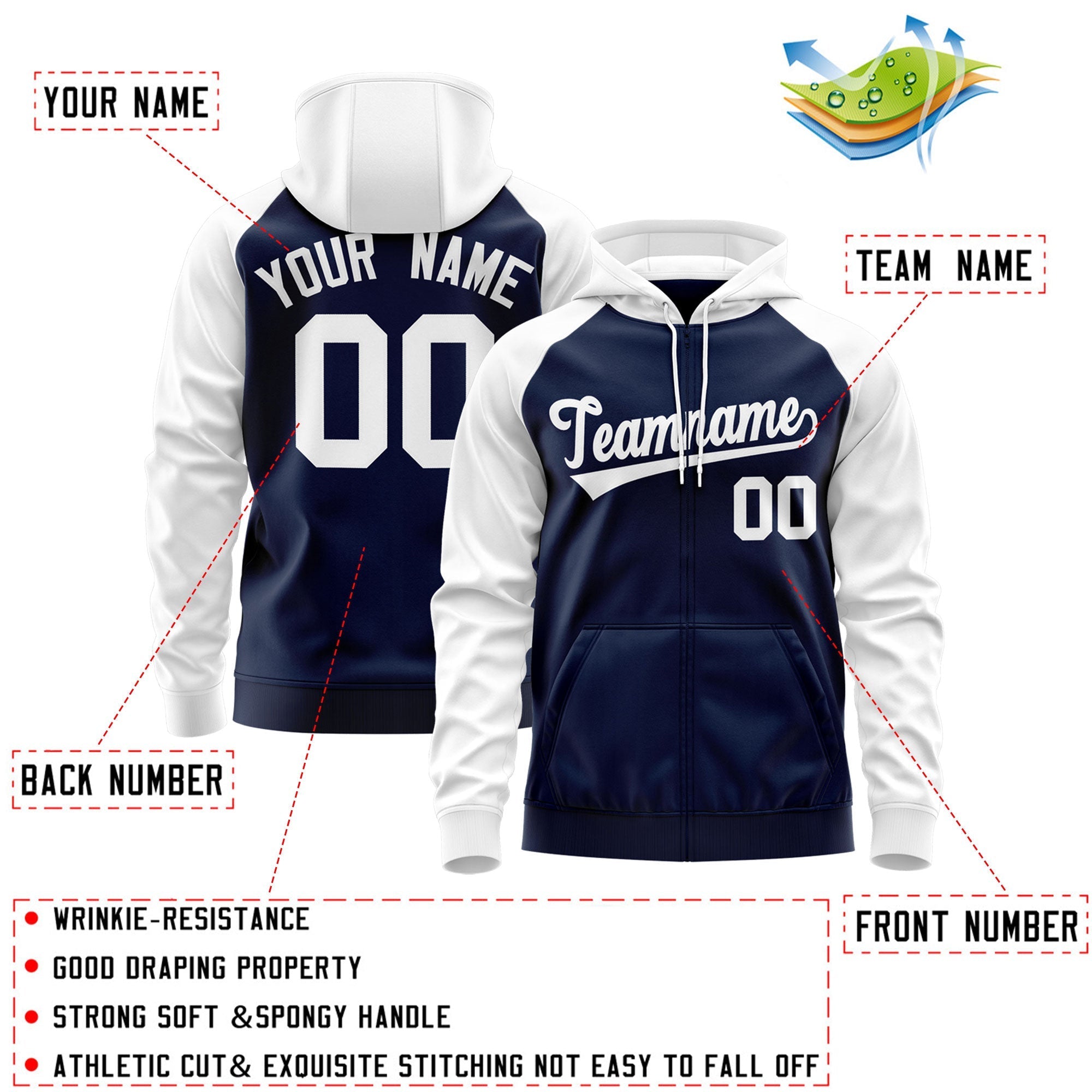 Custom Stitched Navy White Raglan Sleeves Sports Full-Zip Sweatshirt Hoodie| KXKSHOP