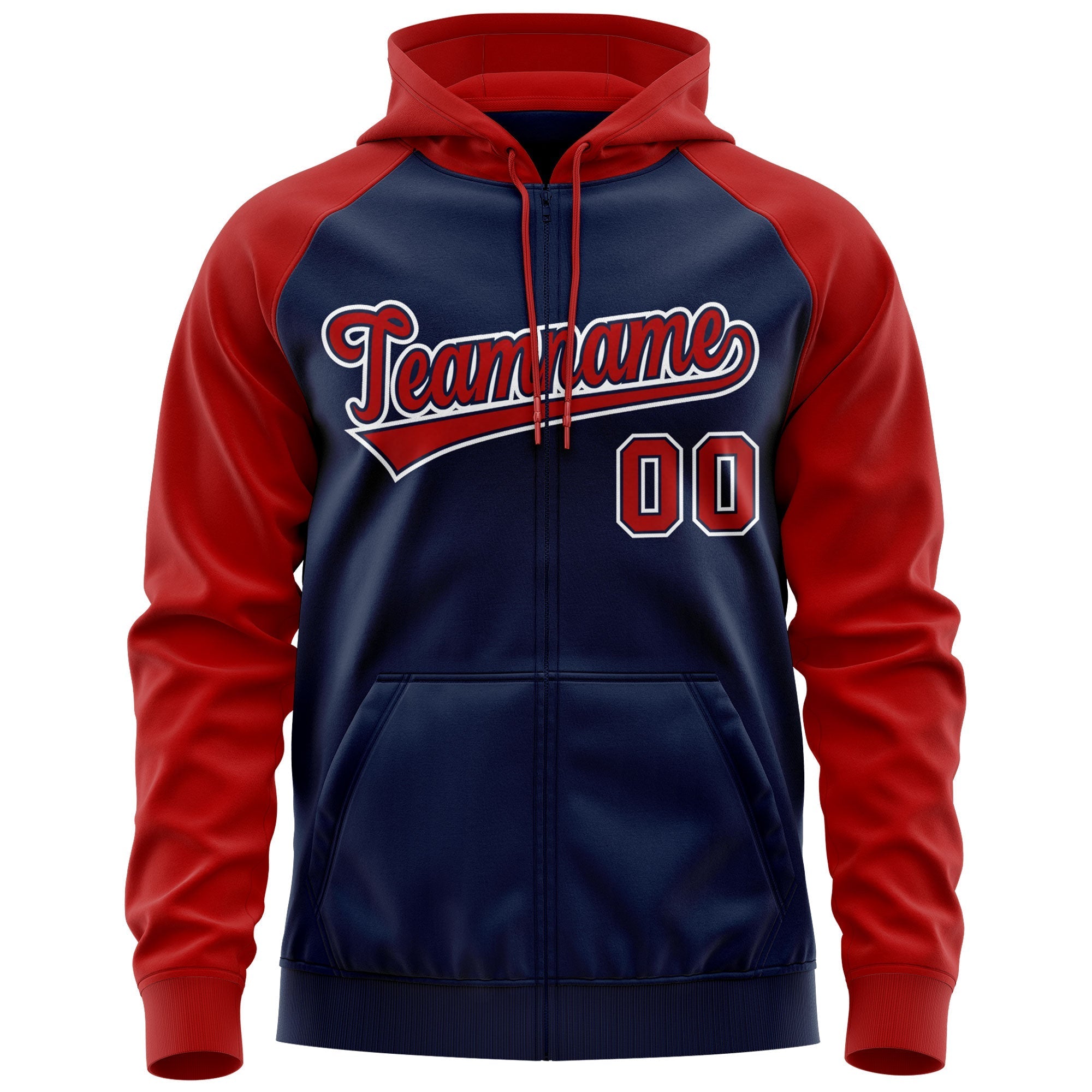 Custom Stitched Navy Red-White Raglan Sleeves Sports Full-Zip Sweatshirt Hoodie| KXKSHOP