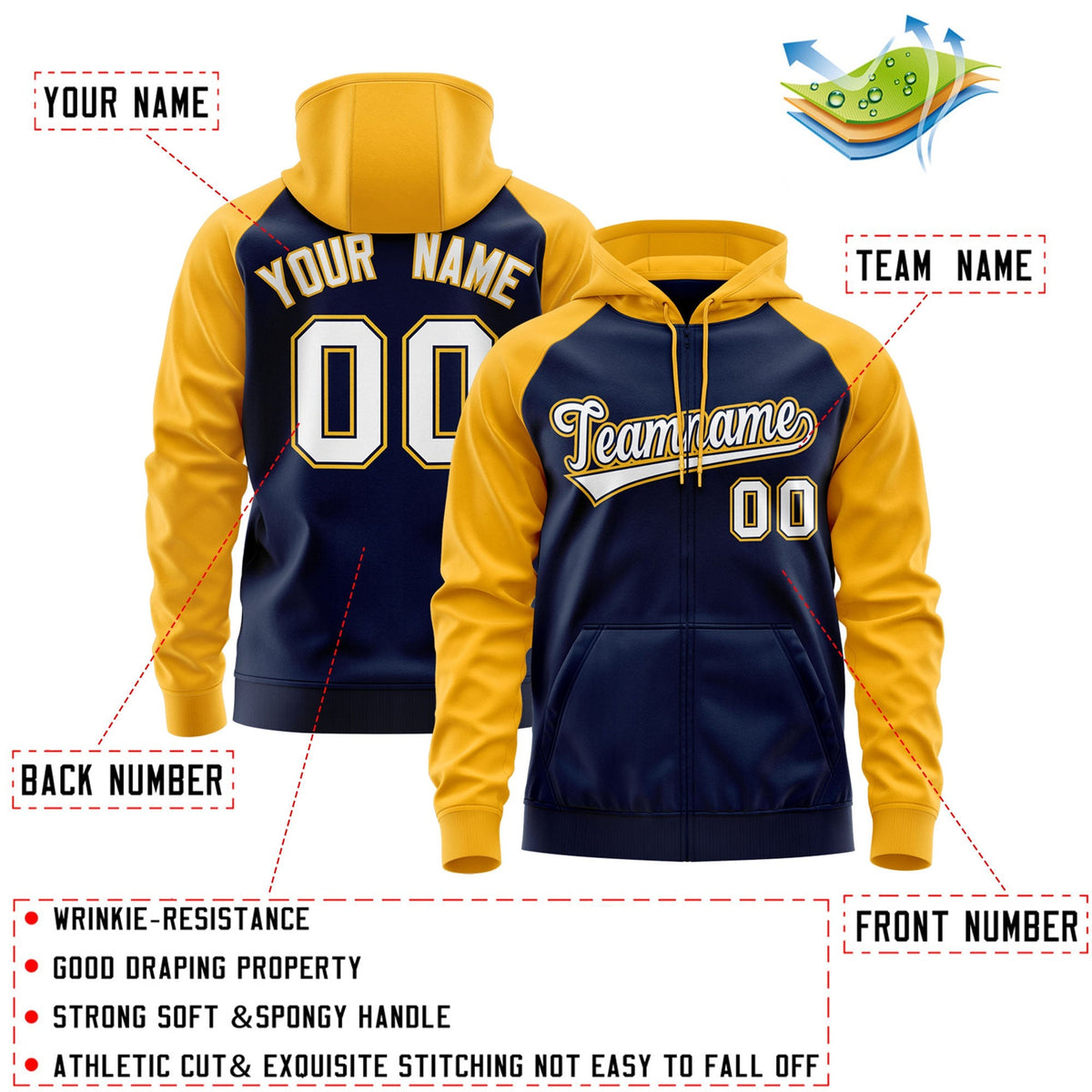 Custom Stitched Navy White-Gold Raglan Sleeves Sports Full-Zip Sweatshirt Hoodie| KXKSHOP