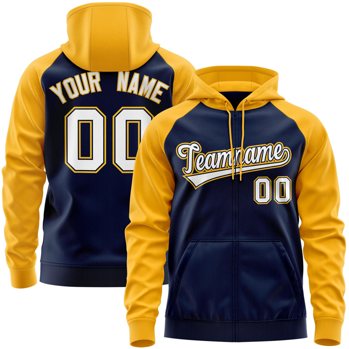 Custom Stitched Navy White-Gold Raglan Sleeves Sports Full-Zip Sweatshirt Hoodie| KXKSHOP