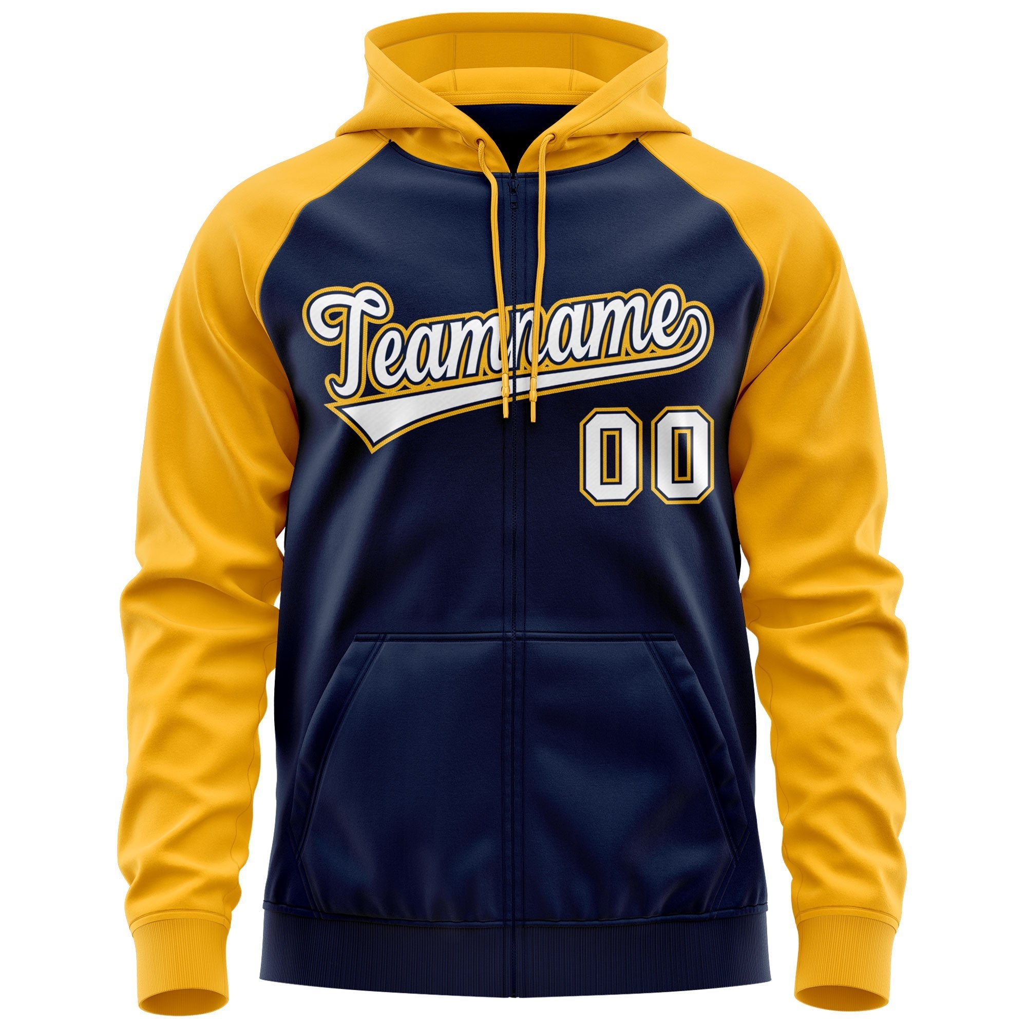 Custom Stitched Navy White-Gold Raglan Sleeves Sports Full-Zip Sweatshirt Hoodie| KXKSHOP