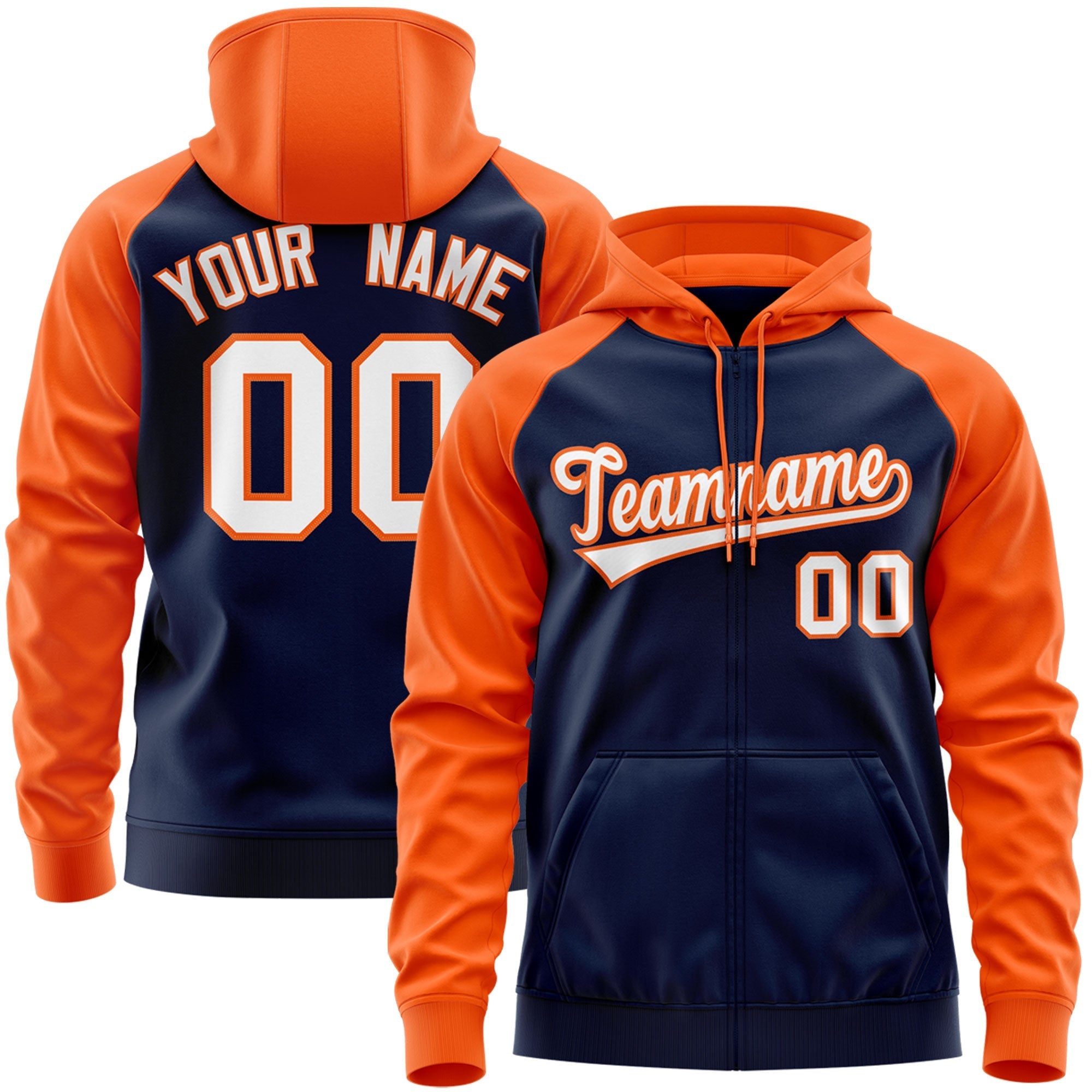 Custom Stitched Navy White-Orange Raglan Sleeves Sports Full-Zip Sweatshirt Hoodie| KXKSHOP