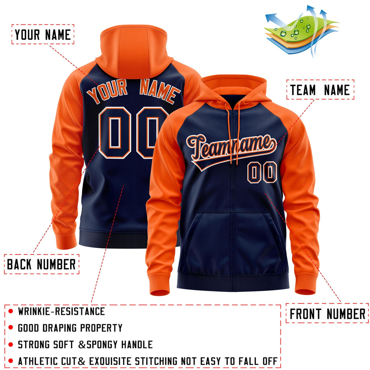 Custom Stitched Navy Orange-White Raglan Sleeves Sports Full-Zip Sweatshirt Hoodie| KXKSHOP