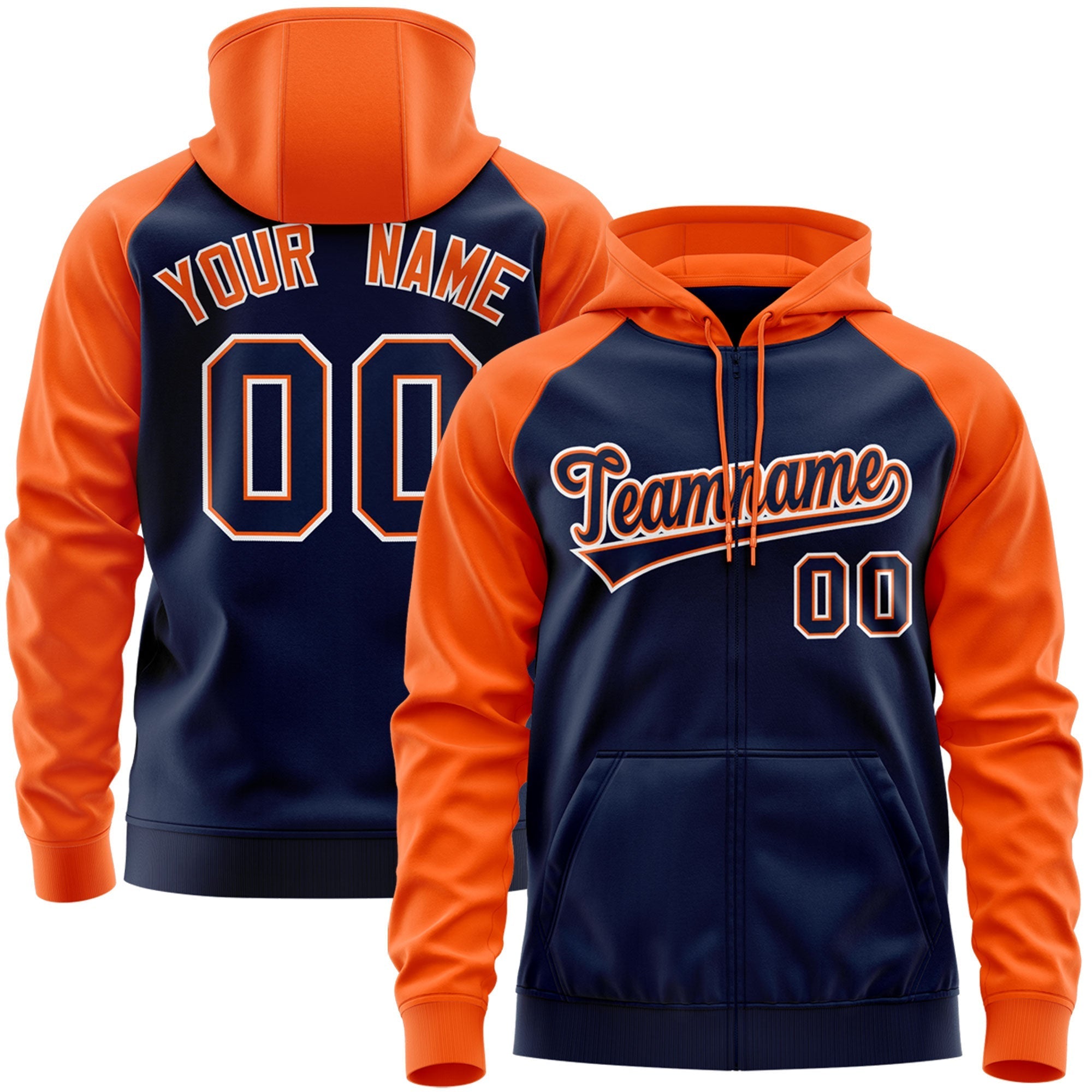 Custom Stitched Navy Orange-White Raglan Sleeves Sports Full-Zip Sweatshirt Hoodie| KXKSHOP