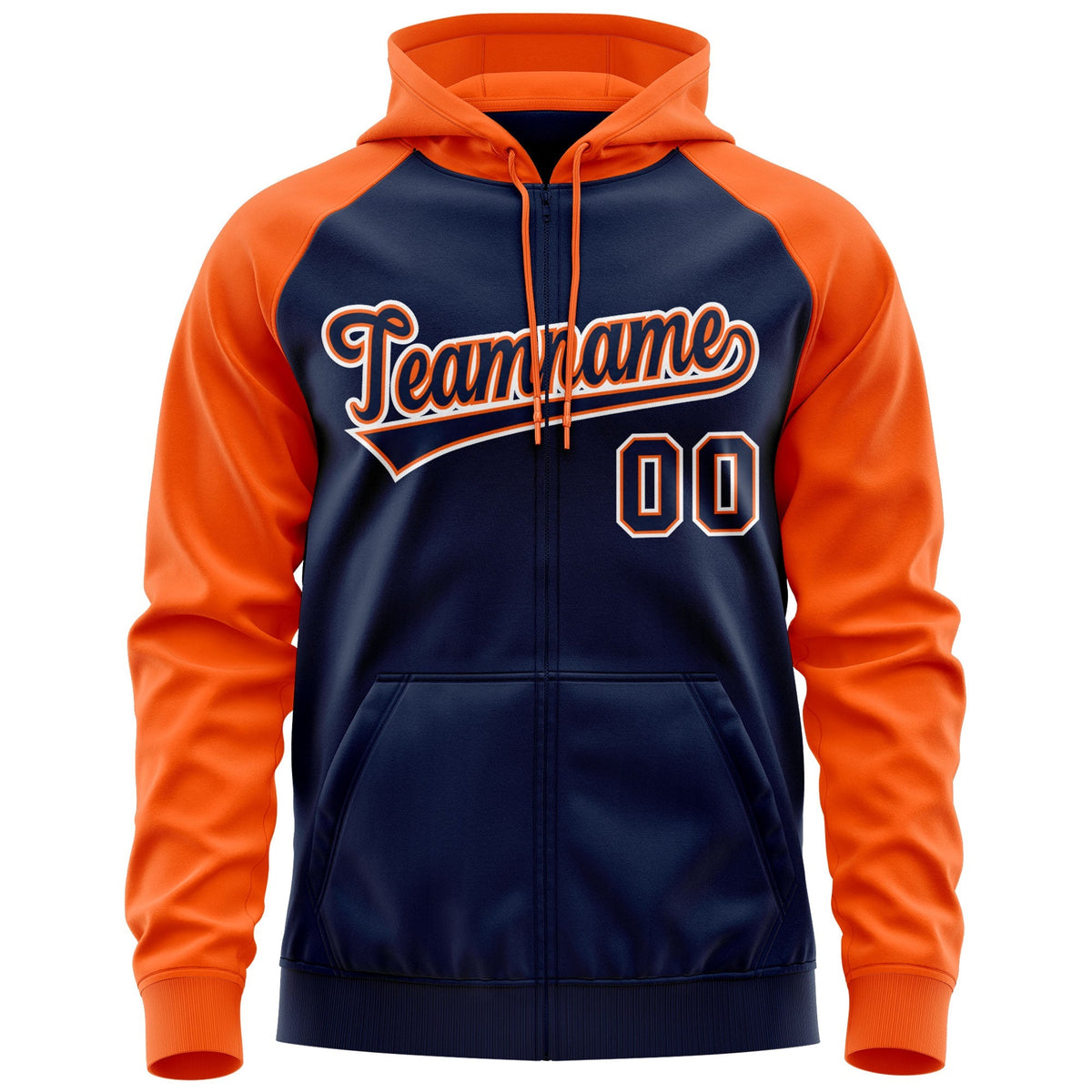 Custom Stitched Navy Orange-White Raglan Sleeves Sports Full-Zip Sweatshirt Hoodie| KXKSHOP