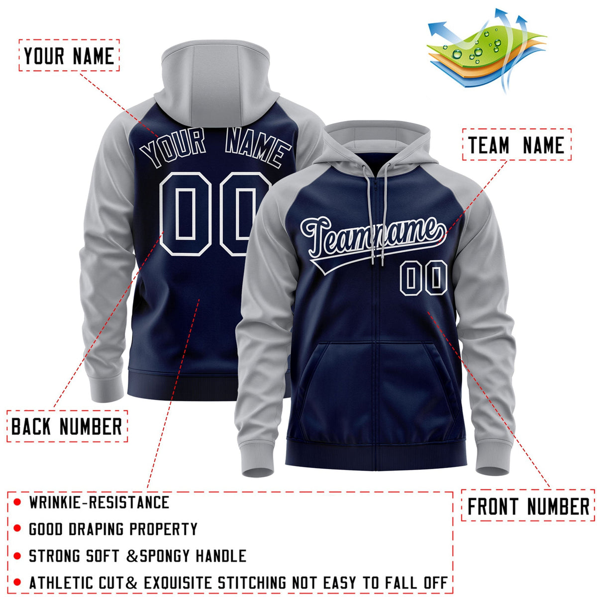 Custom Stitched Navy White-Gray Raglan Sleeves Sports Full-Zip Sweatshirt Hoodie| KXKSHOP