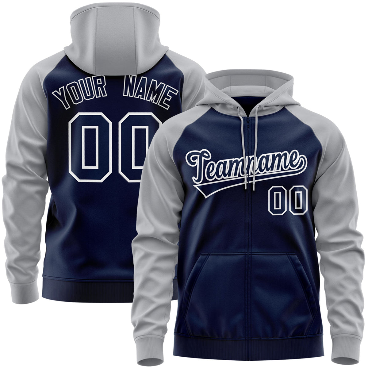 Custom Stitched Navy White-Gray Raglan Sleeves Sports Full-Zip Sweatshirt Hoodie| KXKSHOP