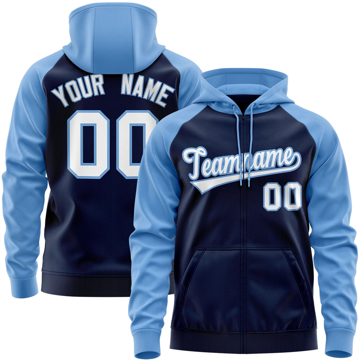 Custom Stitched Navy White-Powder Blue Raglan Sleeves Sports Full-Zip Sweatshirt Hoodie| KXKSHOP