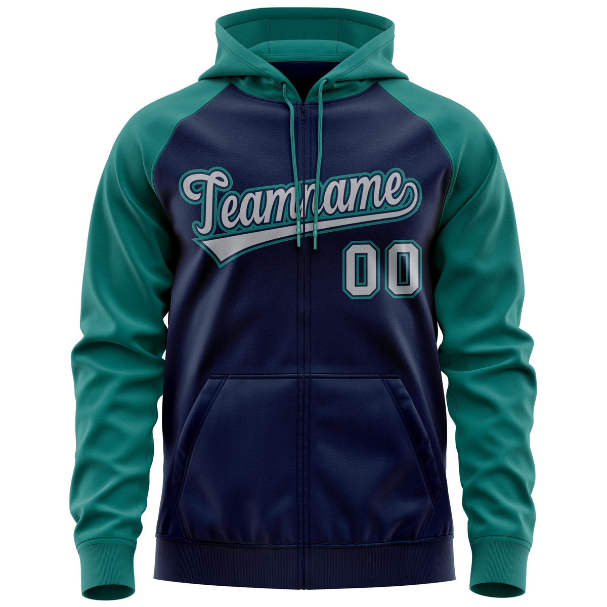 Custom Stitched Navy Gray-Aqua Raglan Sleeves Sports Full-Zip Sweatshirt Hoodie| KXKSHOP