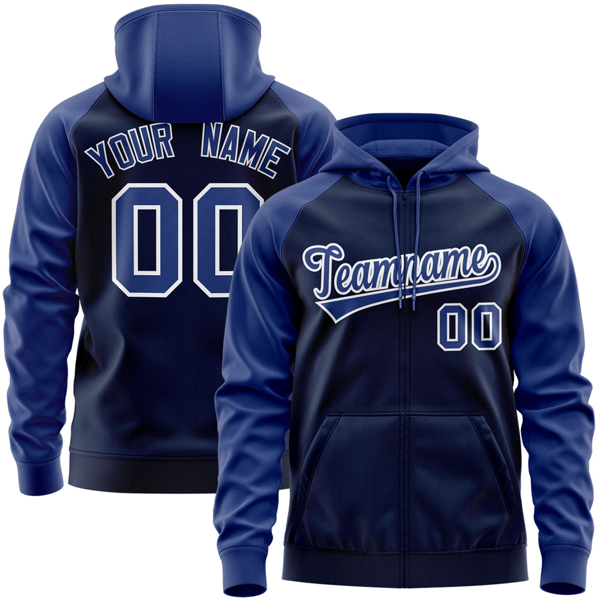 Custom Stitched Navy Royal-White Raglan Sleeves Sports Full-Zip Sweatshirt Hoodie| KXKSHOP