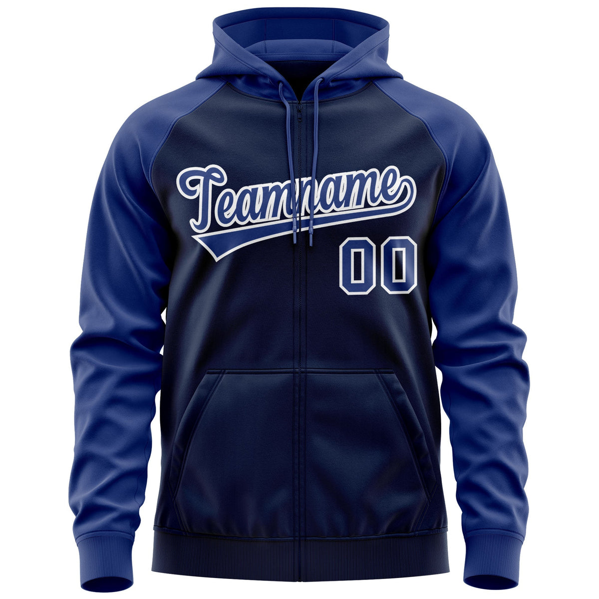 Custom Stitched Navy Royal-White Raglan Sleeves Sports Full-Zip Sweatshirt Hoodie| KXKSHOP