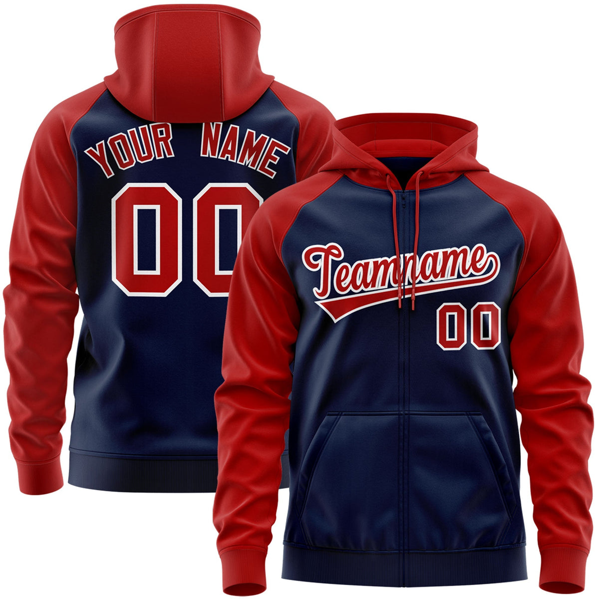Custom Stitched Navy Red-White Raglan Sleeves Sports Full-Zip Sweatshirt Hoodie| KXKSHOP