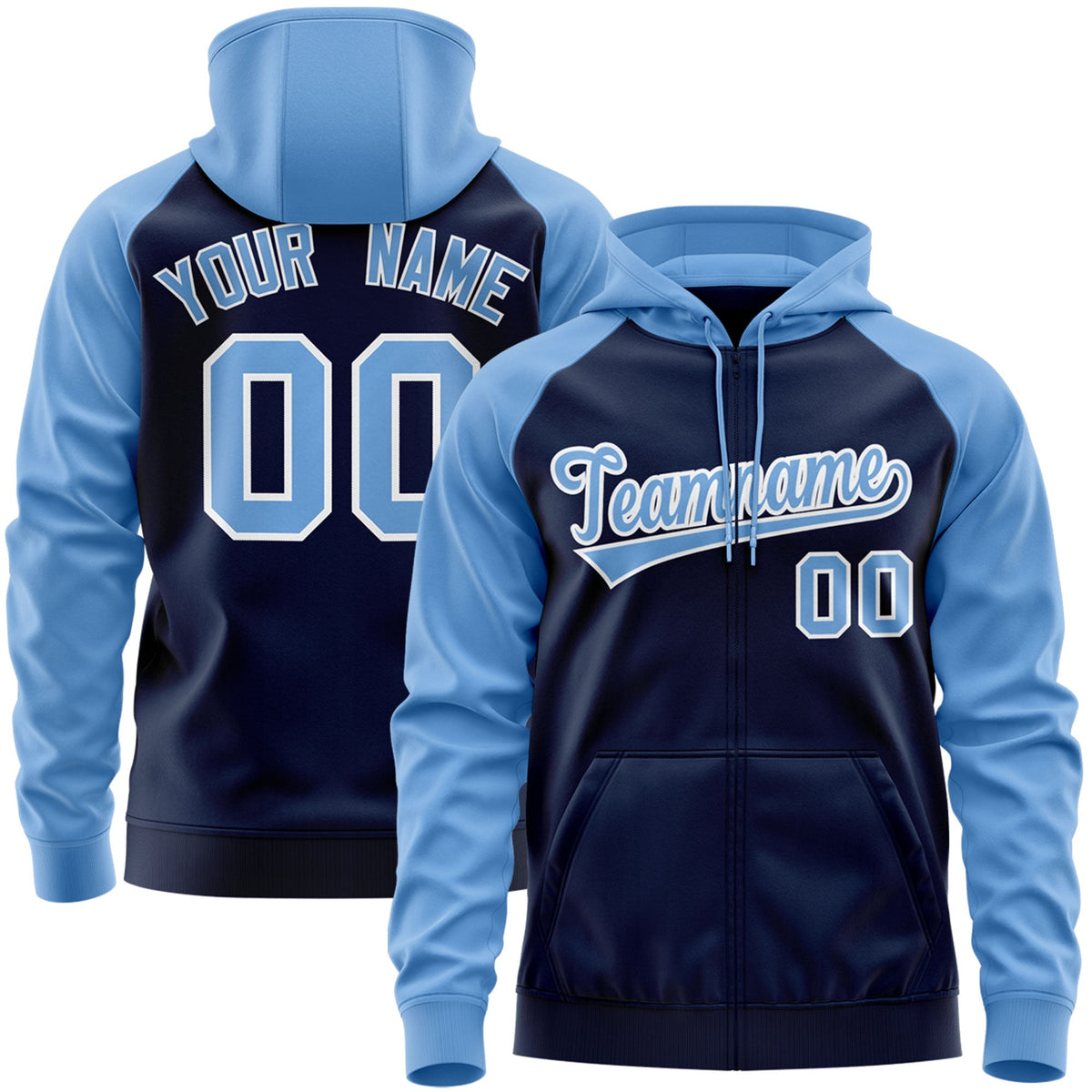 Custom Stitched Navy Powder Blue-White Raglan Sleeves Sports Full-Zip Sweatshirt Hoodie| KXKSHOP