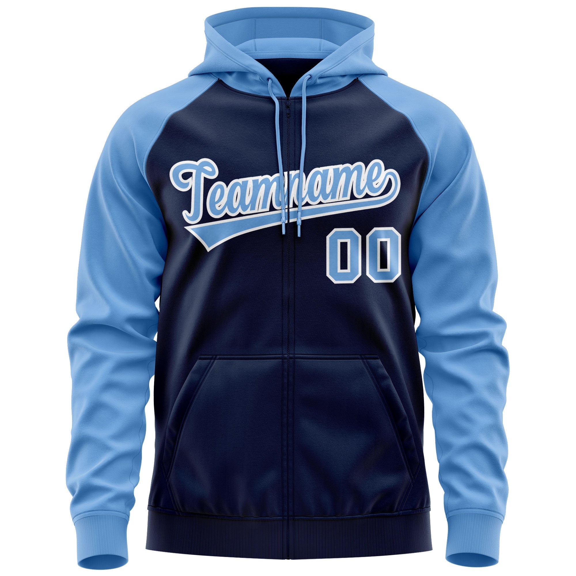 Custom Stitched Navy Powder Blue-White Raglan Sleeves Sports Full-Zip Sweatshirt Hoodie| KXKSHOP