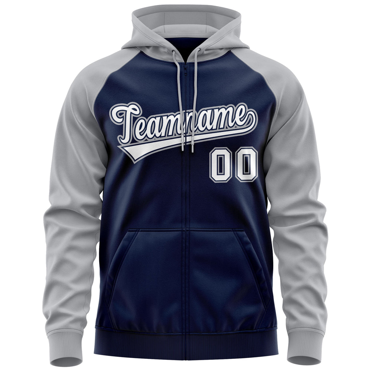 Custom Stitched Navy White-Gray Raglan Sleeves Sports Full-Zip Sweatshirt Hoodie| KXKSHOP