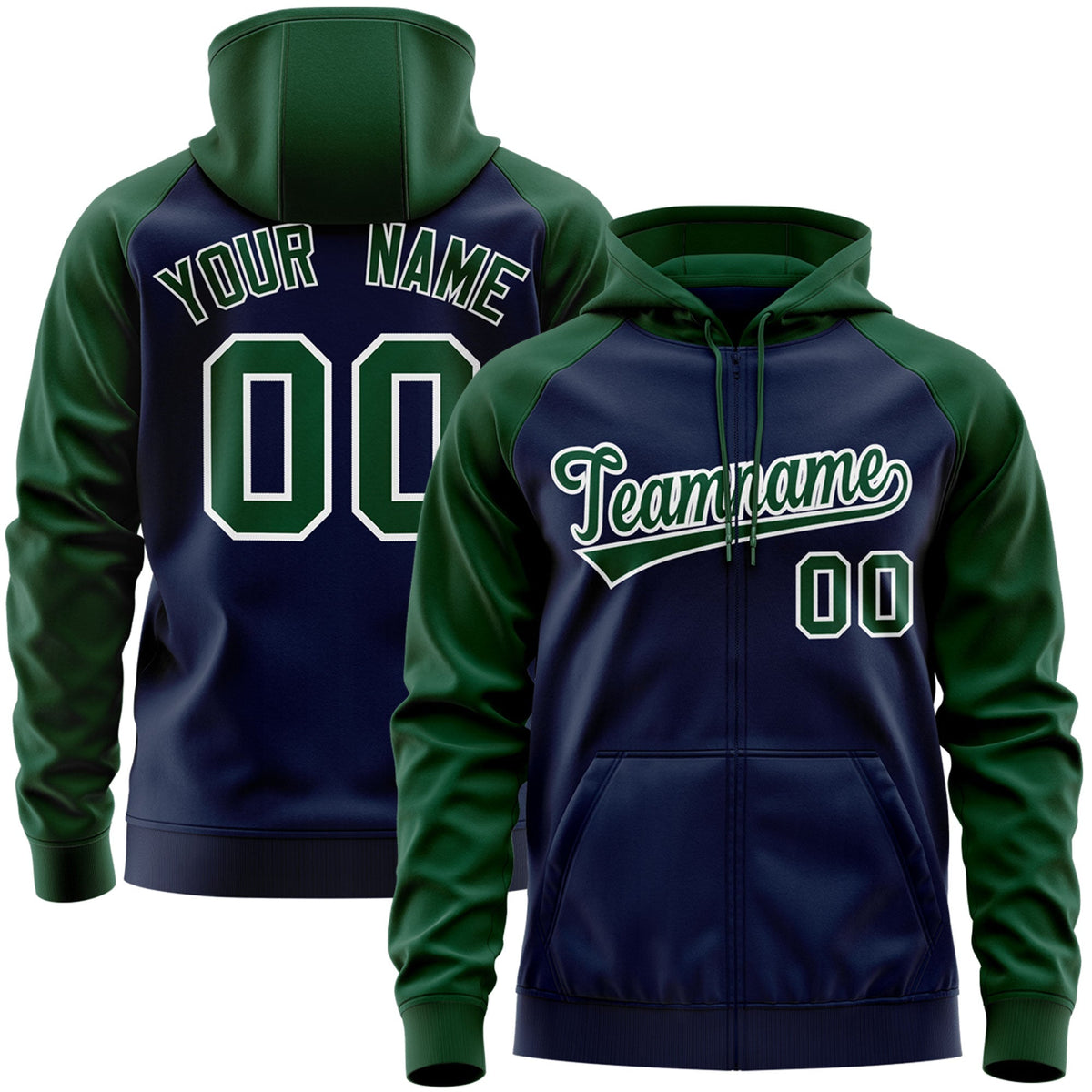 Custom Stitched Navy Green-White Raglan Sleeves Sports Full-Zip Sweatshirt Hoodie| KXKSHOP