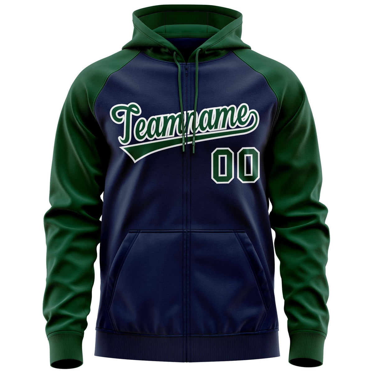 Custom Stitched Navy Green-White Raglan Sleeves Sports Full-Zip Sweatshirt Hoodie| KXKSHOP