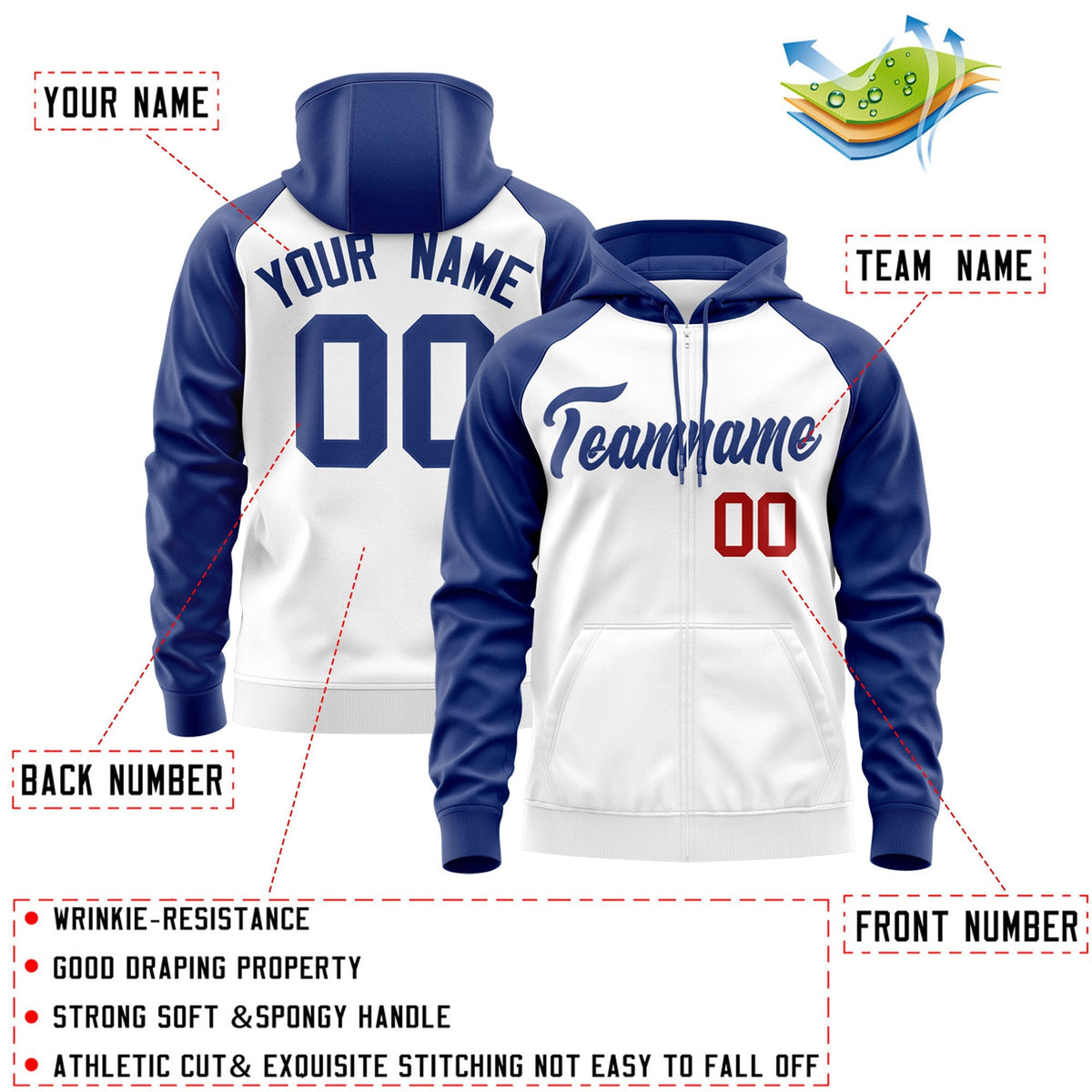 Custom Stitched White Royal Raglan Sleeves Sports Full-Zip Sweatshirt Hoodie| KXKSHOP