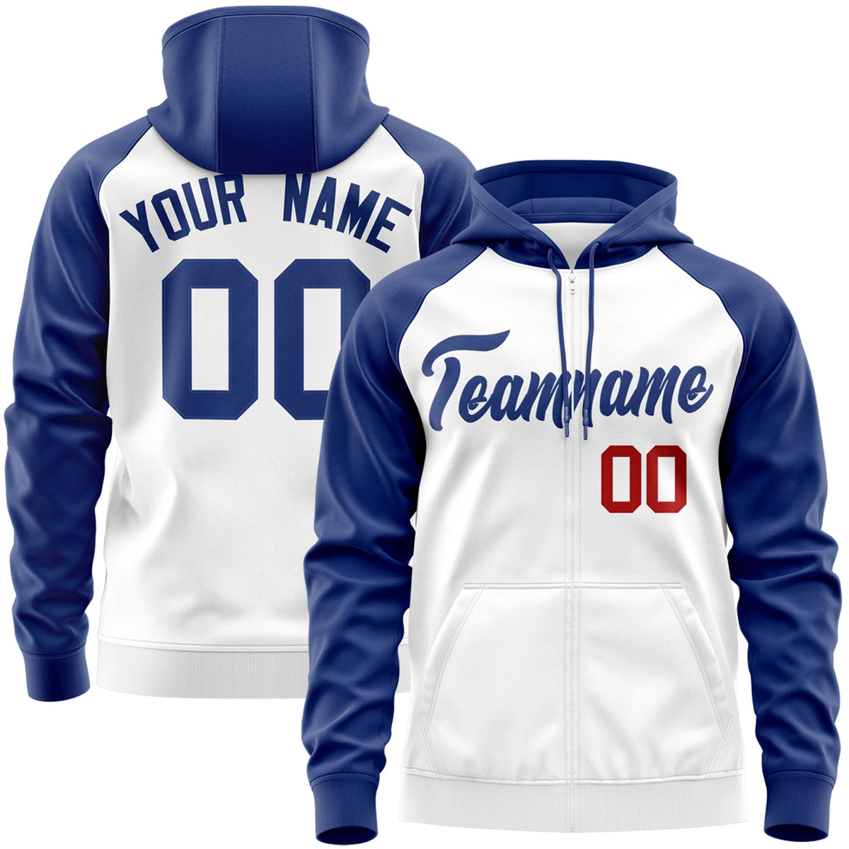 Custom Stitched White Royal Raglan Sleeves Sports Full-Zip Sweatshirt Hoodie| KXKSHOP